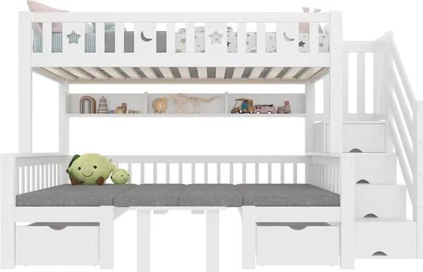 Etagenbett mit Sitzbänken und Tisch, 90x200cm/120x200cm, umbaubar zur zwei Schlafgelegenheiten, Kinderbett mit Rausfallschutz und Stauraum Bild 8