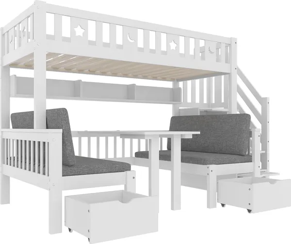 Etagenbett mit Sitzbänken und Tisch, 90x200cm/120x200cm, umbaubar zur zwei Schlafgelegenheiten, Kinderbett mit Rausfallschutz und Stauraum Bild 9