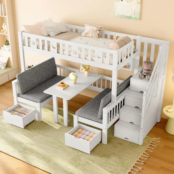 Etagenbett mit Sitzbänken und Tisch, 90x200cm/120x200cm, umbaubar zur zwei Schlafgelegenheiten, Kinderbett mit Rausfallschutz und Stauraum