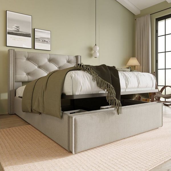 Odikalo Stauraumbett Bettgestell Polsterbett 90/140/160 Lattenrost Metallrahmen, Beige/Grau