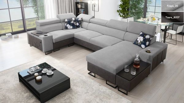 Möbel für Dich Wohnlandschaft Melody IV in U-Form mit USB, Ablagen und anderen Extras, mit Becherhalter in den Armlehnen und einem kleinen Beistelltisch