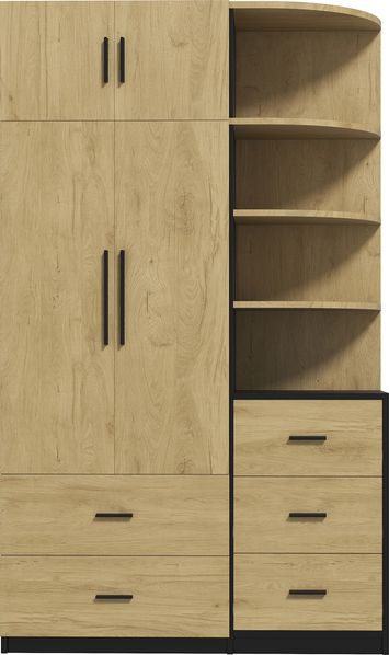 Flieks Kleiderschrank 110 x 40 x 186 cm mit Kleiderstange, 5 Schubladen & Vitrine, zweitüriger Schlafzimmerschrank Naturholz/Schwarz