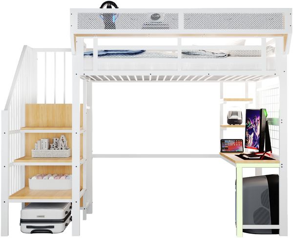 Merax Hochbett 90 × 200 cm, Kinderbett Jugendbett, Mit Schreibtisch, Regal und Aufbewahrungsnetz, Komplett Mit Sicherheitsleiter, LED-Beleuchtung und Steckdose, Erhöhtem Geländer, Weiß Bild 10