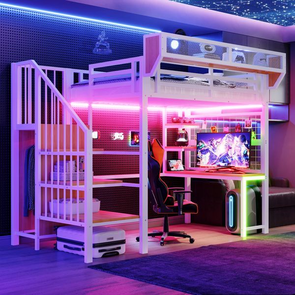 Merax Hochbett 90 × 200 cm, Kinderbett Jugendbett, Mit Schreibtisch, Regal und Aufbewahrungsnetz, Komplett Mit Sicherheitsleiter, LED-Beleuchtung und Steckdose, Erhöhtem Geländer, Weiß