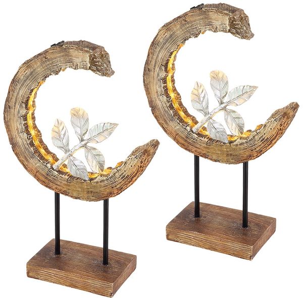 2x LED Solarleuchte, Holz Optik, Mondsichel Design, H 52 cm