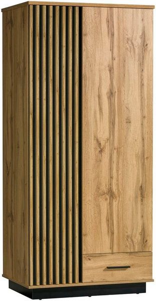 Compleo Kleiderschrank eiche wotan/schwarz, zwei Türen und 1 Schublade PUCCI gerifflete Front