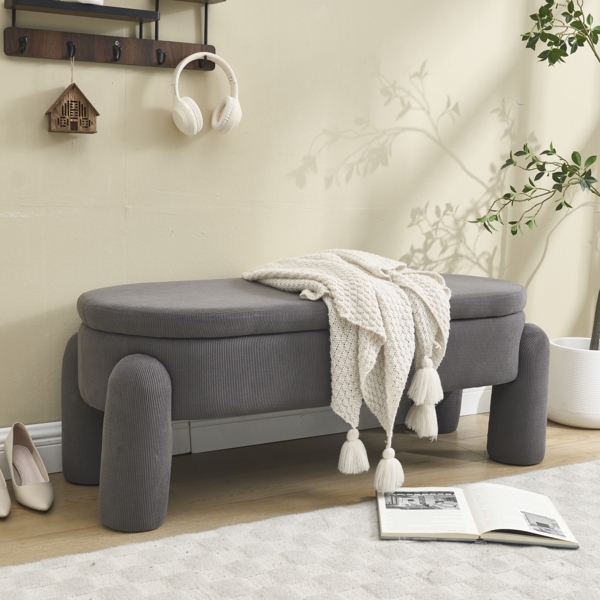 Aufbewahrungs-Hocker mit Cordstoffbezug ,Sitzbank und Fußhocker mit extra großem Stauraum unter der Sitzfläche,112x43x43 cm,Grau