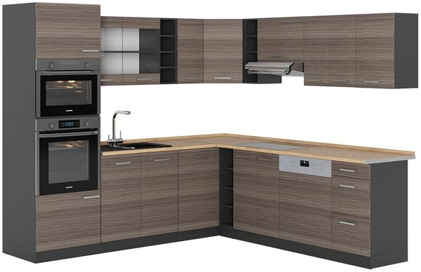 Eckküche R-Line Edelgrau/Anthrazit 247 x 60 cm , AP Eiche Vicco