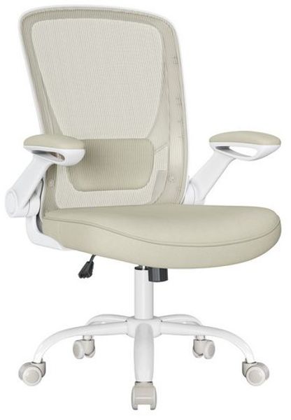 Songmics Schreibtischstuhl, gepolsterte Lendenstütze, Wippfunktion & klappbare Armlehnen, Netzbespannung, Kunststoff, Schaumstoff, Nylon, Stahl, haferflockenbeige, 66x60 x (99-107) cm