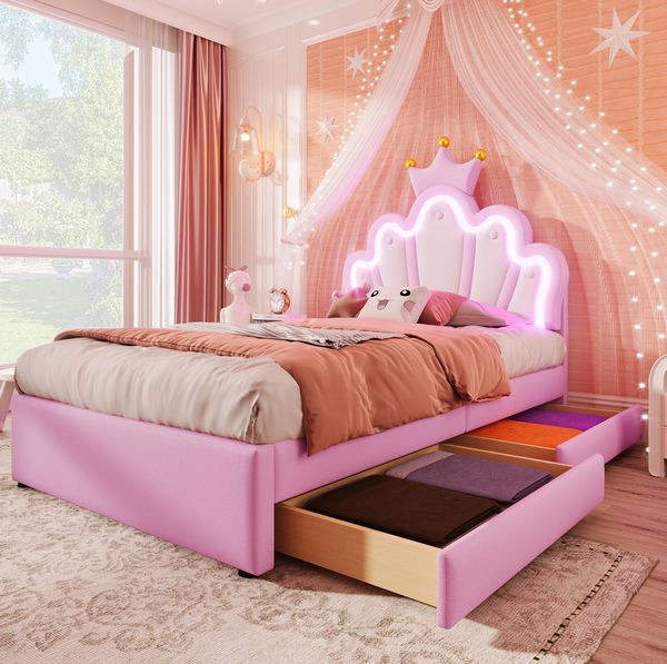 Polsterbett 90x200 cm aus PU mit LED-Beleuchtung und Stauraum – Kronen-Design für Kinderzimmer