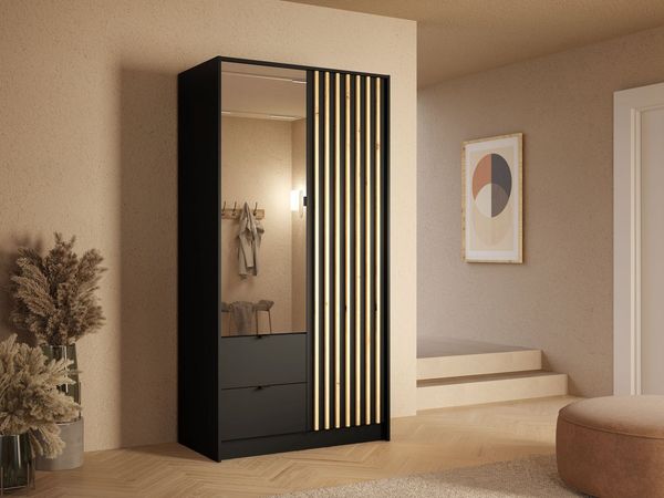 Raumhirsch Furniture Kleiderschrank Garderobenschrank, Drehtürenschrank, Schrank mit Spiegel (Maße: 101,7 x 54,5 x 200,5 cm, einfache Montage) Lamellen, Kleiderstange, 2 Schubladen, 2-türig