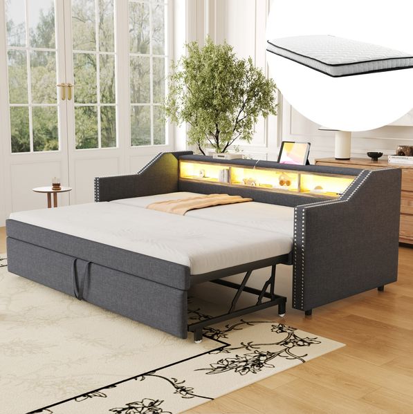Schlafsofa 90/180x190 cm mit Ausziehbett, LED, USB und 3 Ablagefächern – Polsterbett in Dunkelgrau