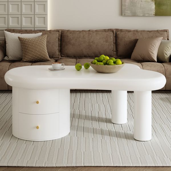 Couchtisch aus MDF mit 2 Schubladen, organische Form, 97x64x42 cm, Weiß
