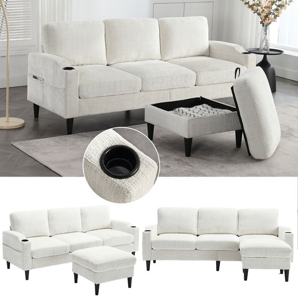 LVHOM Loungesofa mit Hocker & Stauraum, 4-Sitzer, Armlehnen, Getränkehalter, Seitentaschen, weiche Chenille-Stoff, modulare Sofa, Beige