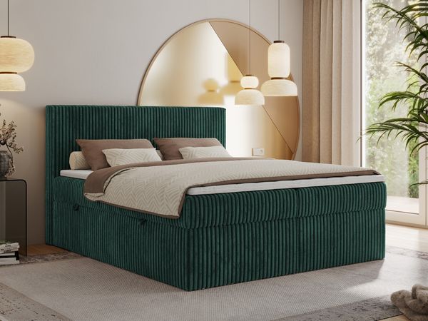 Boxspringbett mit Kopfteil und Topper Visco, Cord Bett - TILIANO - 180 x 200 cm - Dunkelgrün Cord - H3