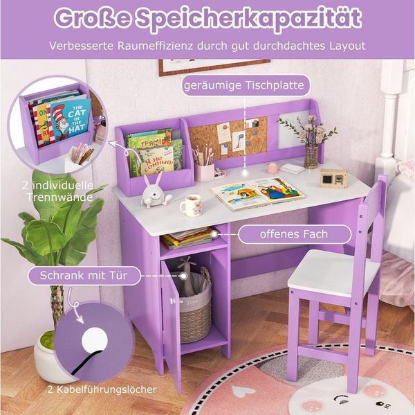 COSTWAY Kinderschreibtisch mit Stuhl Set, Holz, Sitzgruppe mit Bücherregal