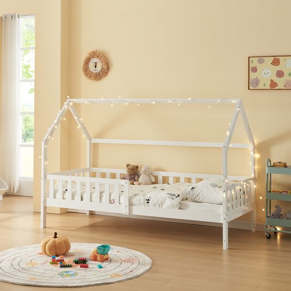 Hausbett mit Rausfallschutz Ydre 90x200 cm Weiß Kiefernholz [en. casa]