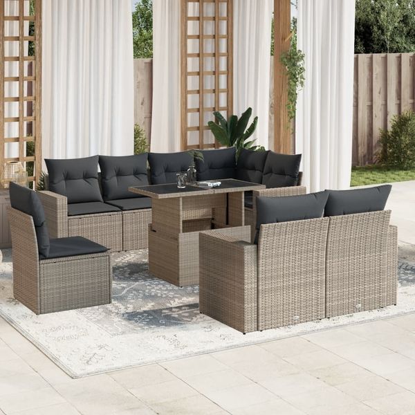 vidaXL 9-tlg. Garten-Sofagarnitur mit Kissen Hellgrau Poly Rattan 3267412
