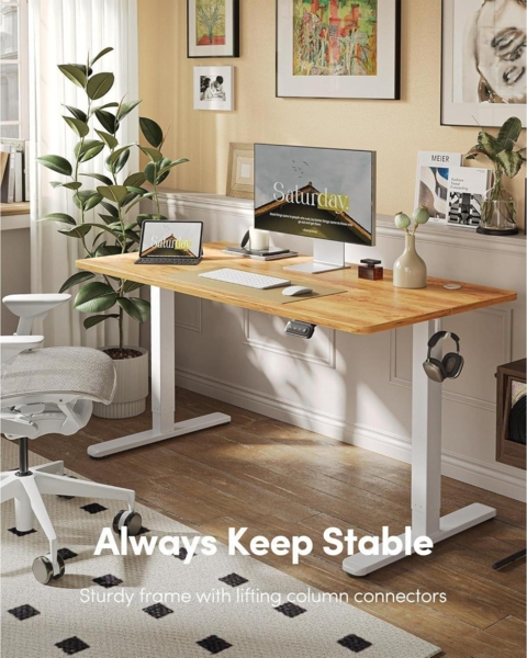FEZIBO Elektrischer höhenverstellbarer Schreibtisch 152 x 60 cm Weiß/Hellbraun Bild 3