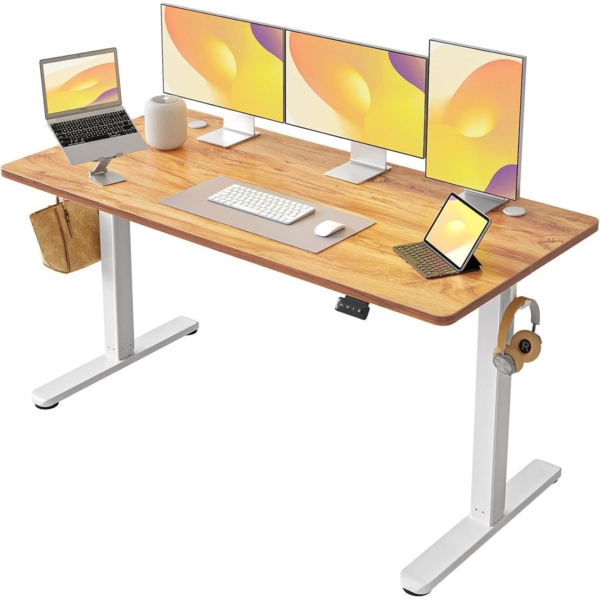 FEZIBO Elektrischer höhenverstellbarer Schreibtisch 152 x 60 cm Weiß/Hellbraun