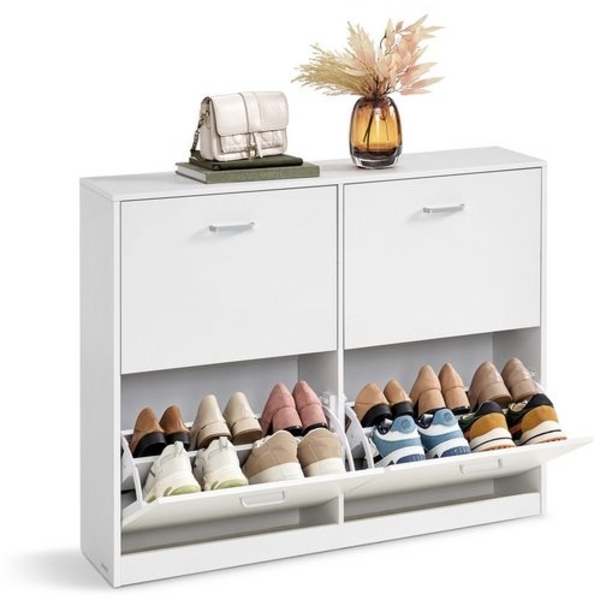 VASAGLE Schuhschrank 4 Klappen, Schuhkipper, Schuhregal, Schuhaufbewahrung, Trennwand verstellbar, für 16-28 Paar Schuhe, Flur, 24 x 105,5 x 82,7 cm, schneeweiß LBCDE035W01