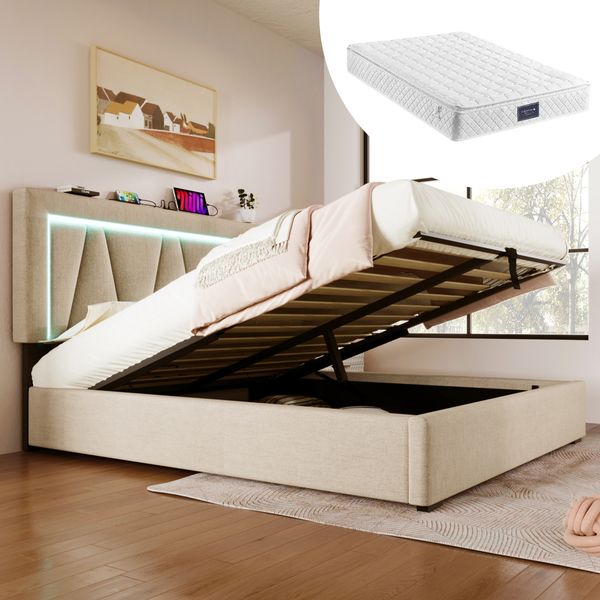 Polsterbett 160x200 cm mit Stauraum aus Leinen, LED-Beleuchtung und USB-/Type-C-Ladefunktion