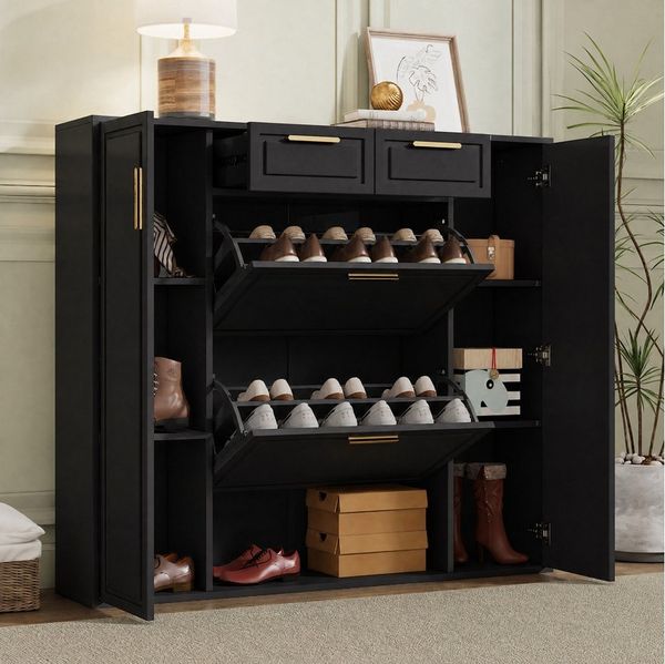 Flieks Schuhschrank Schuhkommode mit 2 Klappen, verstellbaren Einlegeböden & 2 Schubladen (1-St, B120/T24/H107 cm) Schuhkipper Schuhregal mit goldenen Metallgriffe und 7 Fächer, Schwarz