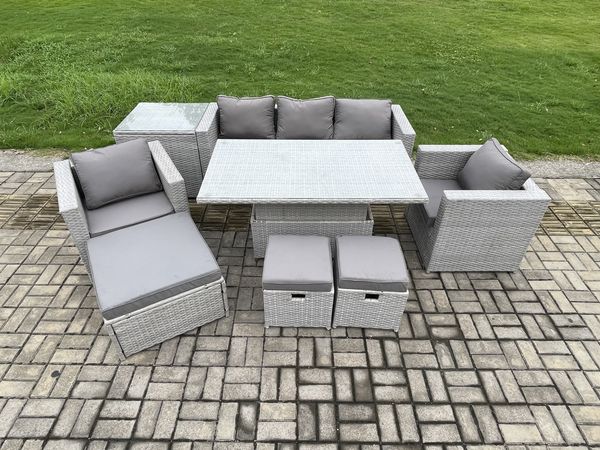 Fimous Polyrattan Gartenmöbel Set mit Sofa; Höhe verstellbar Esstisch und 3 Hocker;Beistelltisch;Outdoor Terrassen Essgruppe Helles Grau
