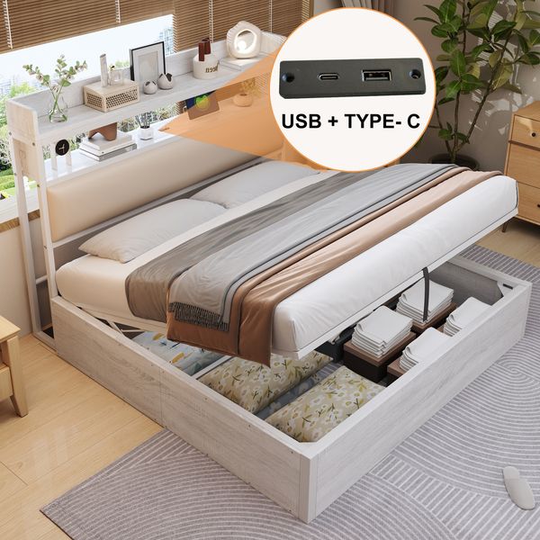 Hydraulisches Polsterbett 180x200 cm mit Stauraum & Kopfteil-Ablage, USB-Anschlüsse, Metallrahmen, Retro-Design,Weiß,inklusive Taschenfederkern