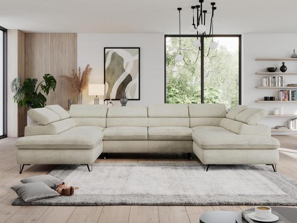 Mks Möbel 'Pedro U-Form' Ecksofa mit Schlaffunktion und verstellbaren Kopfstützen, Beige, Velours, mit Topper