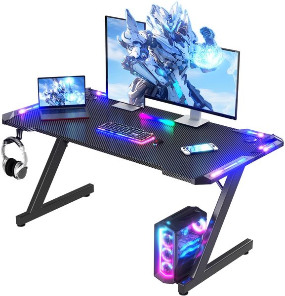 Homall Gaming Tisch mit LED-Leuchten, 120x60 cm RGB Gaming-Tisch Z-Form, großer Computer Schreibtisch mit Kopfhörer-Haken und Tassenhalter, Gamer Tisch für Home Office (Schwarz)