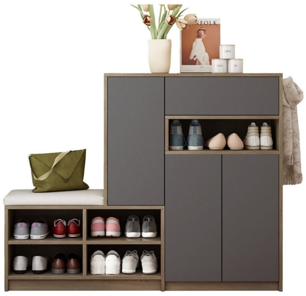 OKWISH Schuhschrank mit verstellbaren Einlegeböden (Schuhregal, Schuhaufbewahrungsbank, Schuhbank, 1-St, mit Sitzfläche) mit gepolstertem Sitz, verstellbaren Regalen