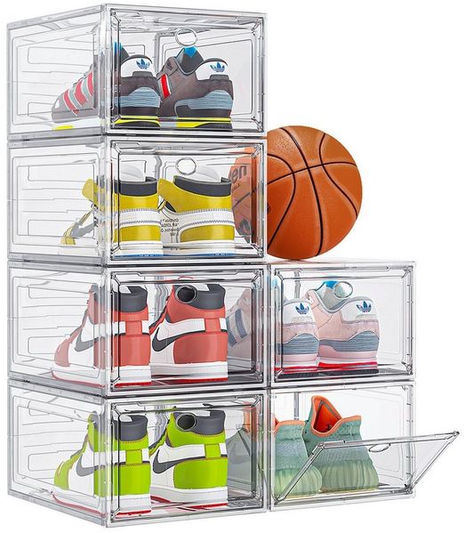 POPOLIC Schuhkiste 6/9/10 Stück Schuhboxen stapelbar Schuhboxen aus klarem Kunststoff (Hartplastik Schuhbox mit Deckel, 6 St, Schuhorganisatoren mit Magnettür für Größe 46 - Hartplastik), faltbar und stapelbar, für Stöckelschuhe,Pumps, Schuhaufbewahrung