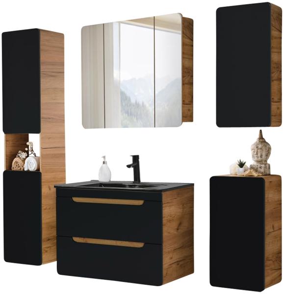 Badmöbel Komplettset in seidenmatt anthrazit mit Wotan Eiche Nb. NEW-LUTON mit 81 cm Keramik-Waschtisch & LED-Spiegelschrank, B/H/T ca. 180/200/46 cm