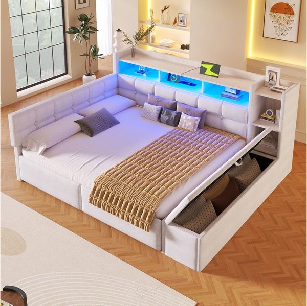Flieks Daybett, Polsterbett 140×190cm mit LED, Aufladen, 2 Schubladen und Polsterbank