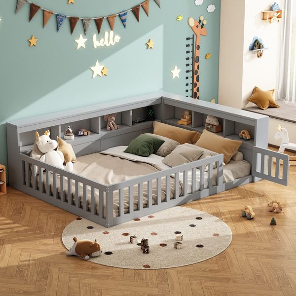 Kinderbett mit Lattenrost und Zaun (140x200 cm), Rausfallschutz, Stauraum, Mehrfachsteckdose, Jugendbett, Kiefer