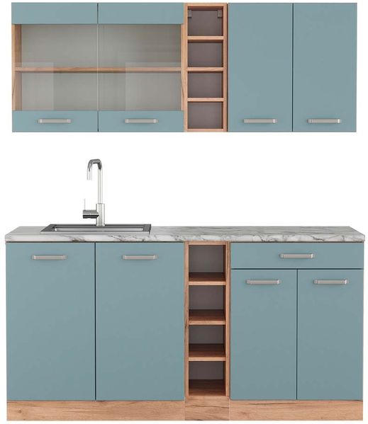 Singleküche R-Line Blau-Grau/Goldkraft Eiche 160 cm , AP Marmor Vicco