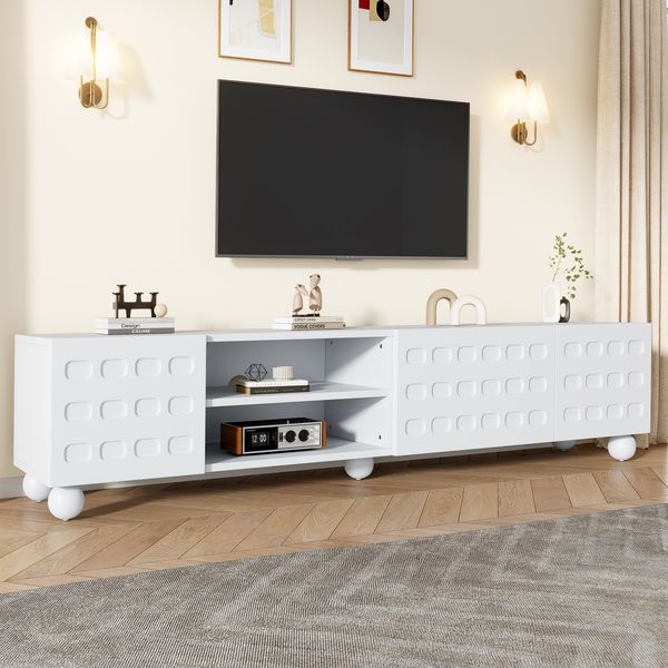 TV-Schrank 200 x 40 x 44 cm in Weiß aus Spanplatte, mit 3 Türen, 2 offenen Fächern und 5 Beinen