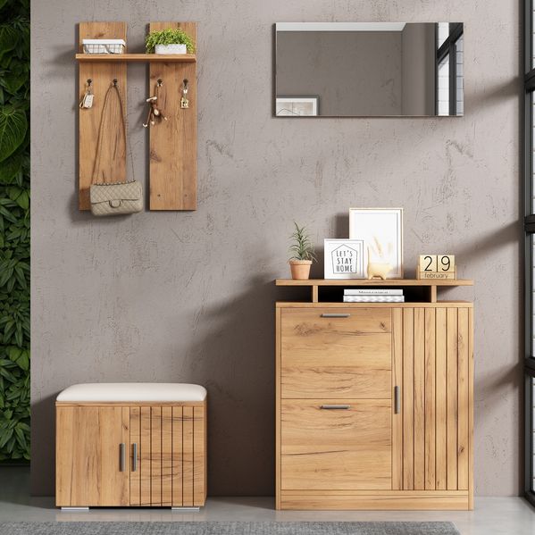 Flur-Garderoben-Set 140x35x133 cm, natur mit Schuhschrank, Bank, Haken & Spiegel