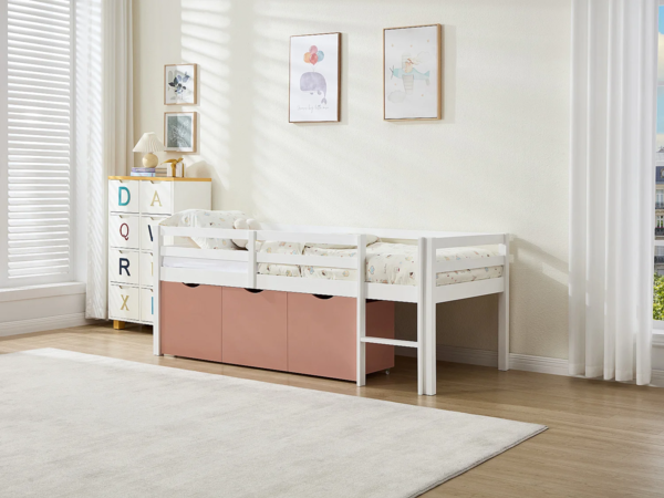 Vente-unique - Halbhohes Bett 90 x 190 cm – Mit Stauraum – Kiefer & MDF – Weiß/Rosa – LANIORI
