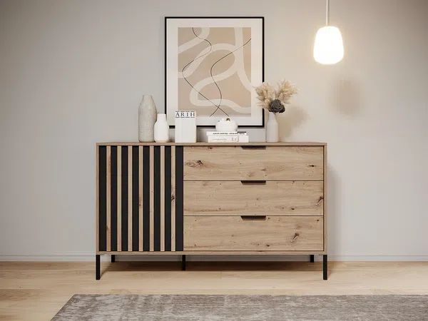 Vente-unique - ARIADA Kommode Holz, Platte SchwarzBeige - B 39,5 cm x H 81,4 cm x L 137,3 cm