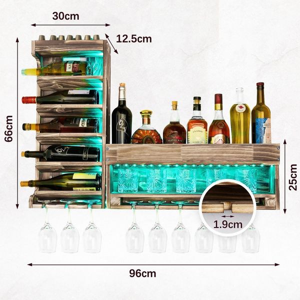 Yorbay Weinregal Weinregal aus Holz, Wandbar mit Korkhalter, mit LED Beleuchtung, für Weingläser, Whiskygläser, Wandmontage Wand Flaschenhalter Vintage Stil für Hausbar