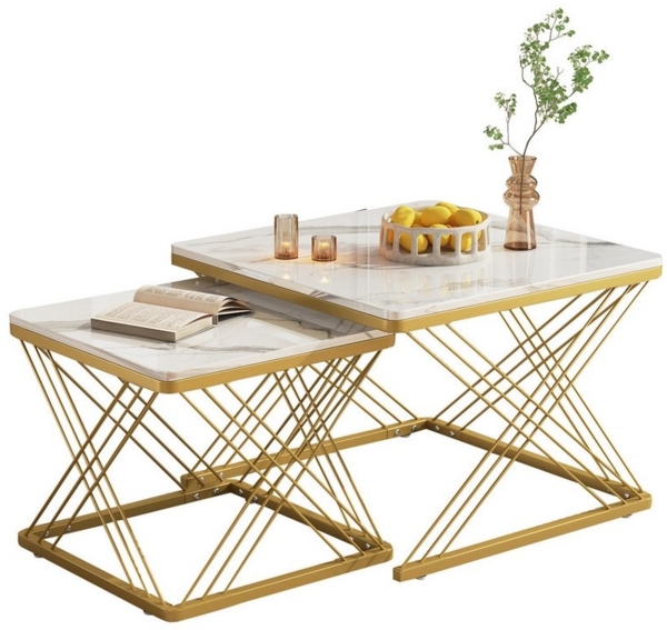 MODFU Couchtisch Hochglanz-Kombi-Couchtisch-Set (Sofatisch, 2-St, 60*60*45cm & 45*45*40cm), mit höhenverstellbare Füße und Tischplatte in Hochglanz-Marmoroptik