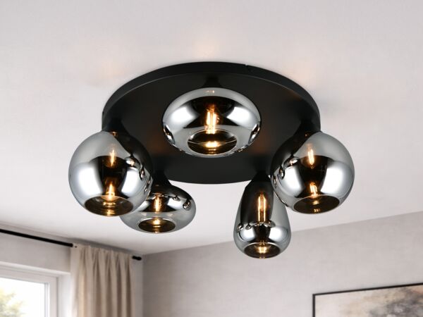 Große Retro Deckenleuchte LUMINA mit 5 Glasschirmen in Chrom Ø 63,5cm