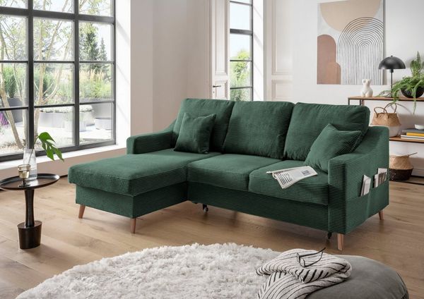 Sofa Valentina von Benformato: Elegantes Breitcord-Sofa mit Schlaffunktion, Bettkasten und Flexibler Recamiere – In drei stilvollen Farben erhältlich