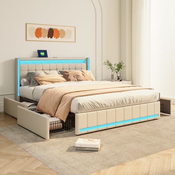 Doppelbett mit Leinenbezug, 160x200 cm, beige, mit LED-Beleuchtung am Kopf- und Fußteil, ausgestattet mit 4 Schubladen aus Eisen und USB-Ladeanschlüssen am Kopfteil
