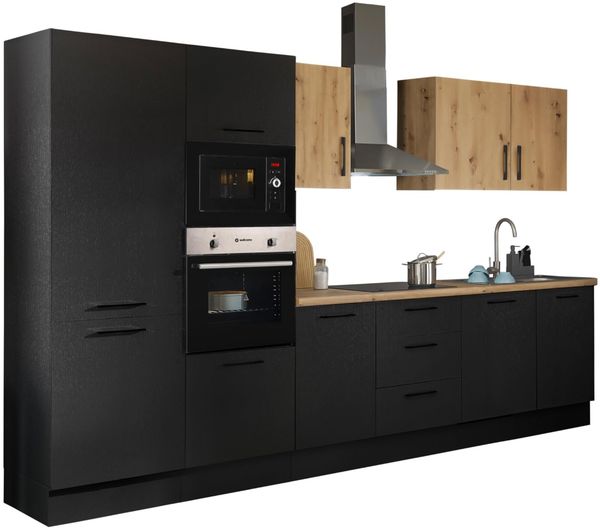 Stella Trading Turin ZBM Küchenzeile 340 x 211 x 60 cm, schwarz - Ohne Küchengeräte - Moderne, geräumige Küche in Artisan-Eiche Optik mit viel Stauraum