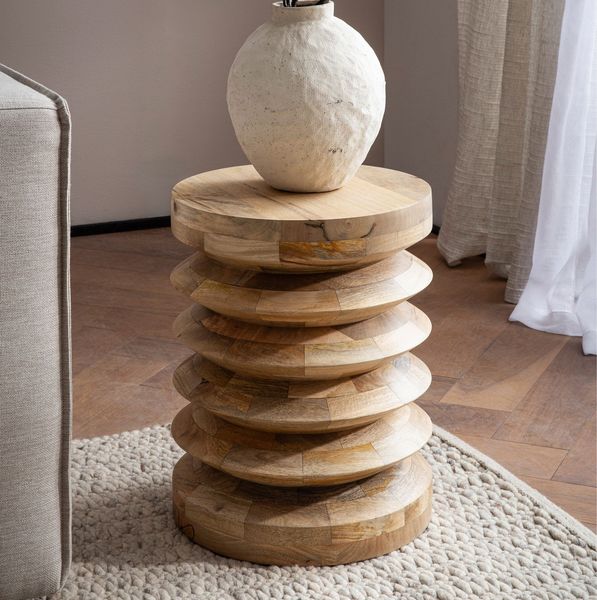 Beistelltisch Mango Massivholz Natur 35x35x45cm Rund Modern Hellbraun