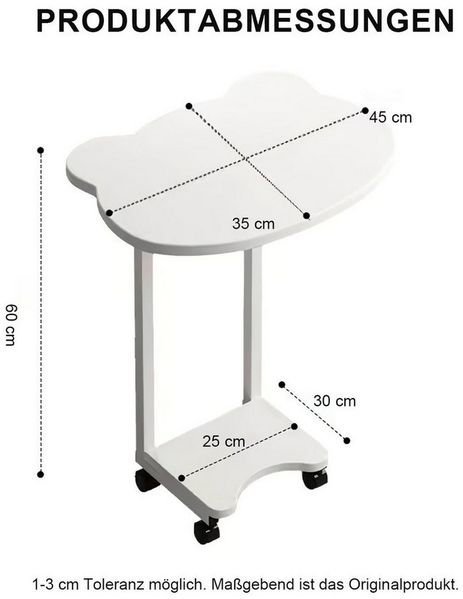 HEYHIPPO Beistelltisch Niedlicher Beistelltisch mit Bären-Design, 2 Ebenen & Rollen, 45x35cm (60cm hoher Nachttisch, leicht & platzsparend, C-Form als Seitentisch), Zweistöckiger Rolltisch, mobil für Schlafzimmer & Wohnzimmer, weiß