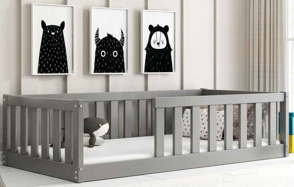 Interbeds Kinderbett Bella mit Rausfallschutz & Lattenrost Bodenbett aus Holz Einzelbett Montessori Bed Gitterbett Kleinkindbett bis 120 kg Kiefer Holz massiv Junge Mädchen (Grau, 160x80)